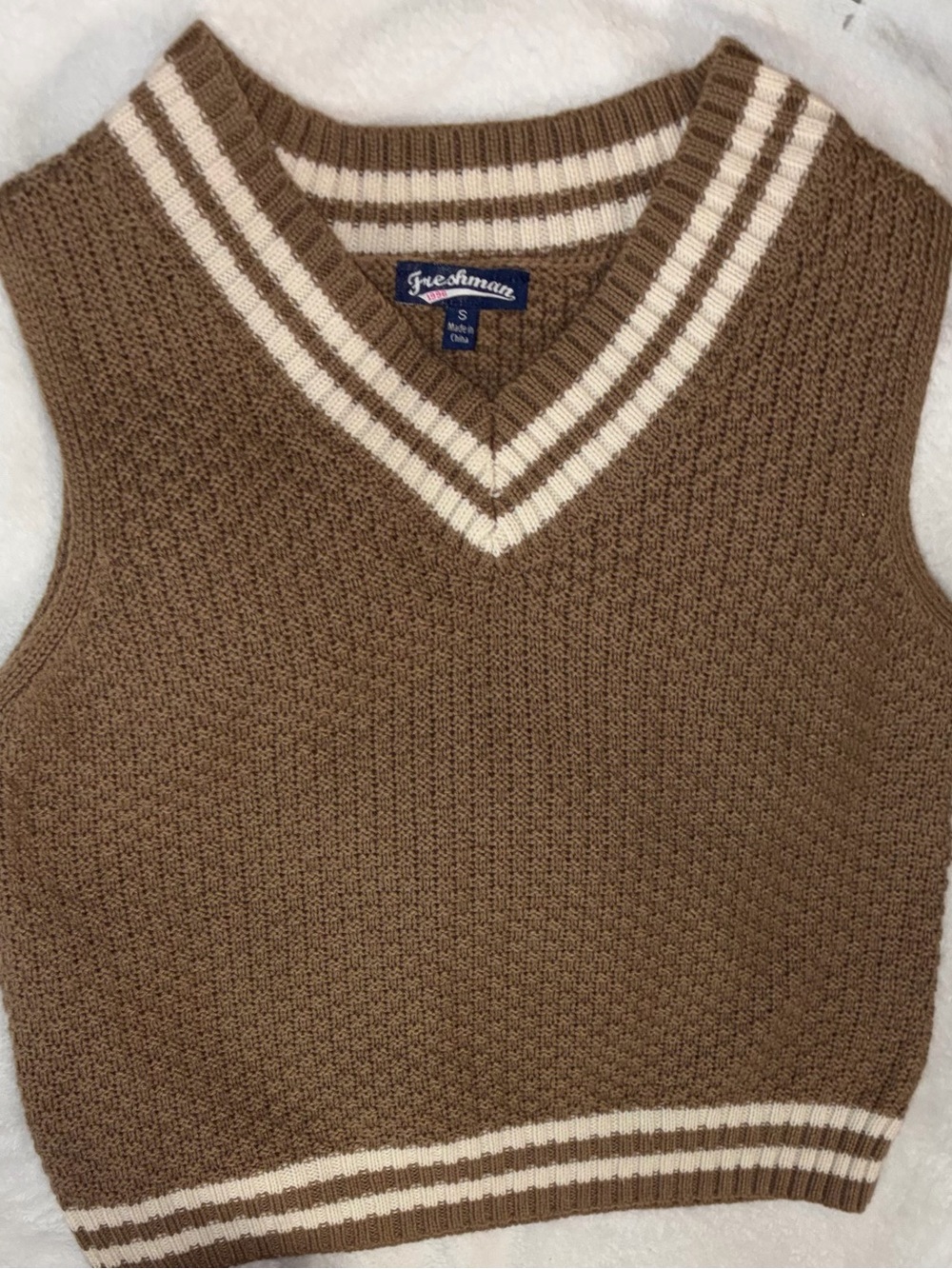 Freshman 1996 Brown Cream Varsity V-Neck Sweater Vest Size Small Preppy Y2K
